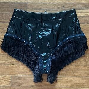 AKIRA Shiny Black Fringe High Waist Shorts